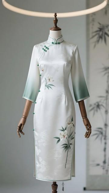 想穿旗袍又怕老气？有办法！
对于40+的女性，选重磅真丝或提花缎面，低饱和莫兰迪