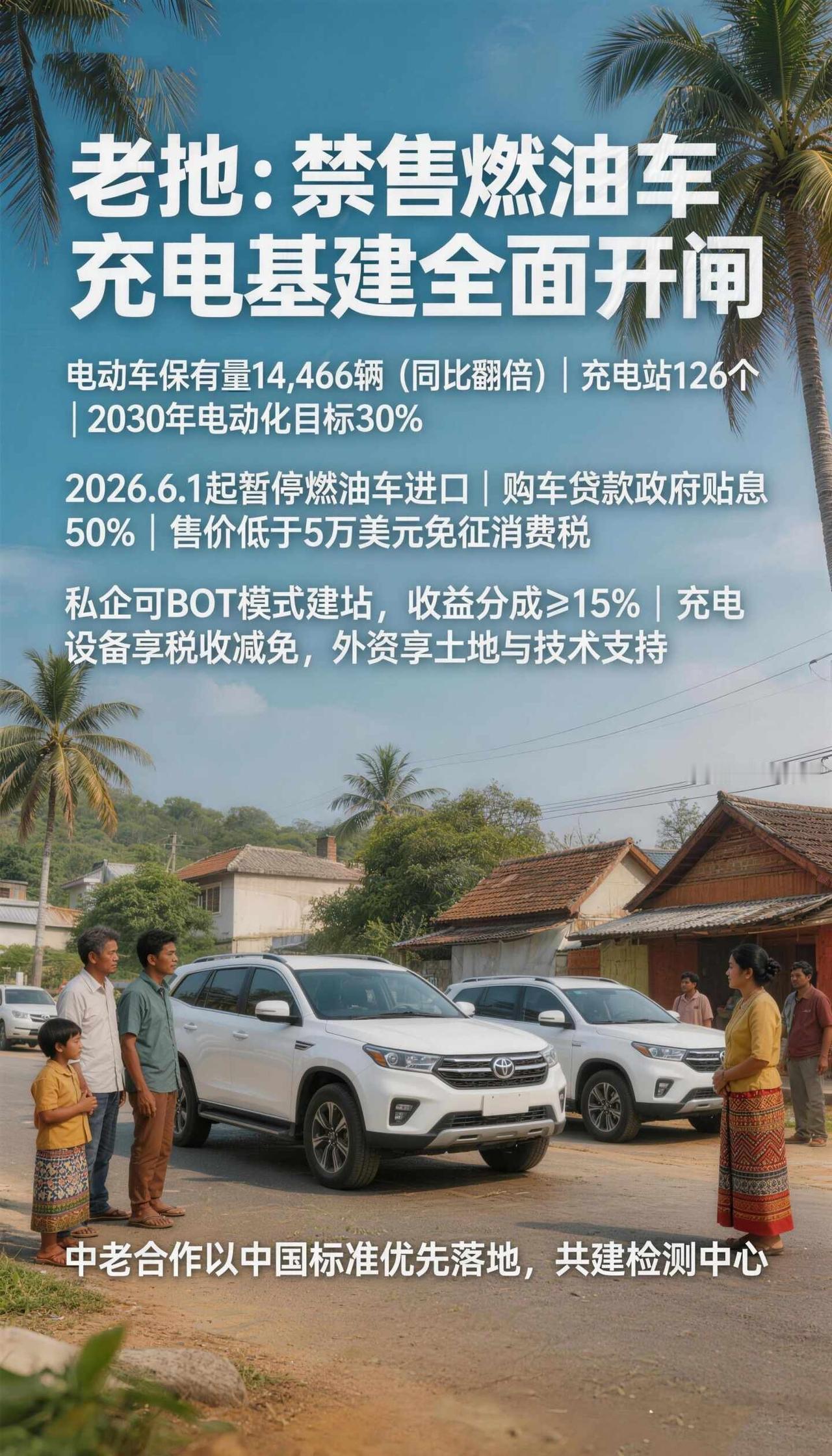 6月1日起，老挝直接暂停燃油车进口！
老挝，下一个充电桩蓝海！
现在全国电动车一