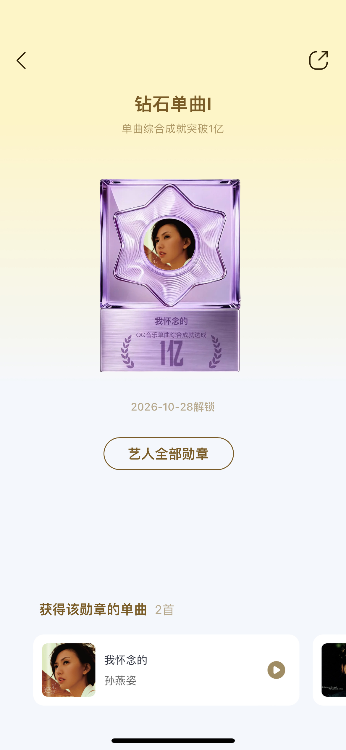 孙燕姿的《我不难过》和《我怀念的》在QQ音乐的单曲综合成就突破1亿大关！也是首位