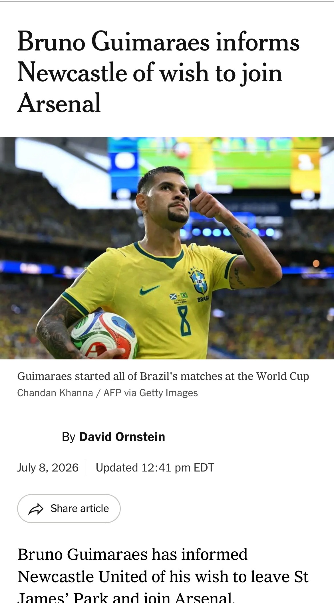 Breaking News！！！David Ornstein：布鲁诺·吉马良斯通