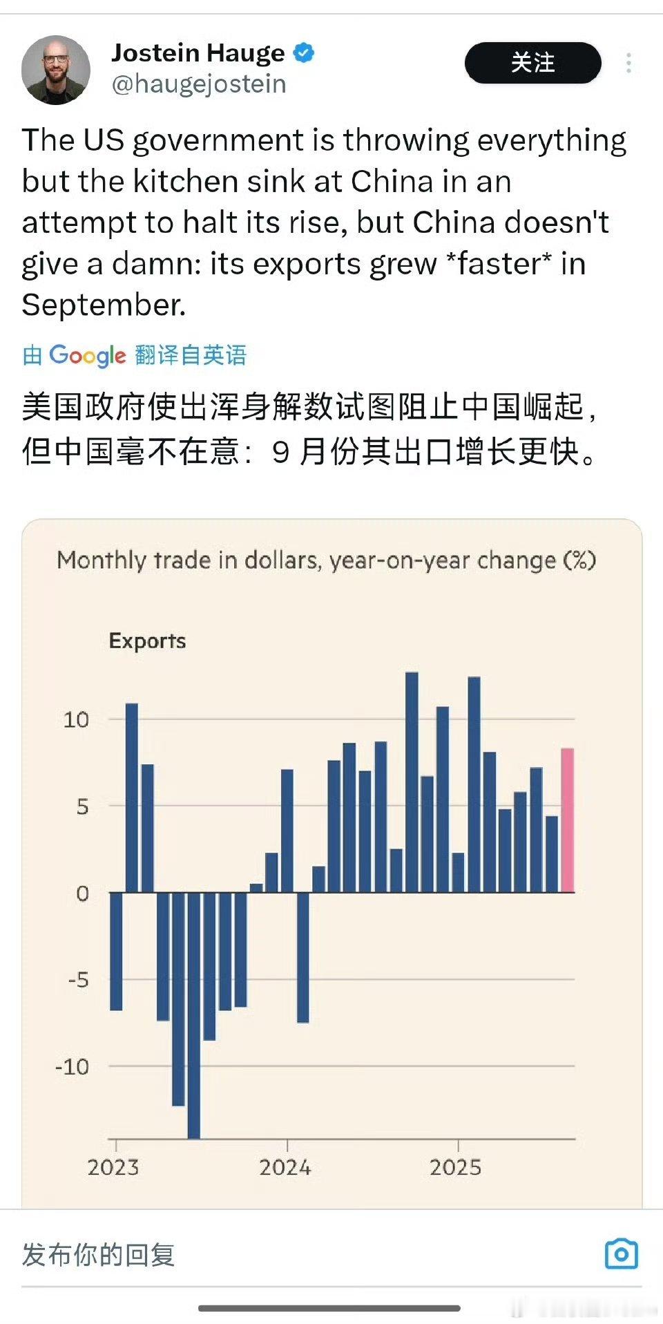 美国网友说，华盛顿使出浑身解数阻止中国崛起，但中国毫不在意，9月份出口增长反而更