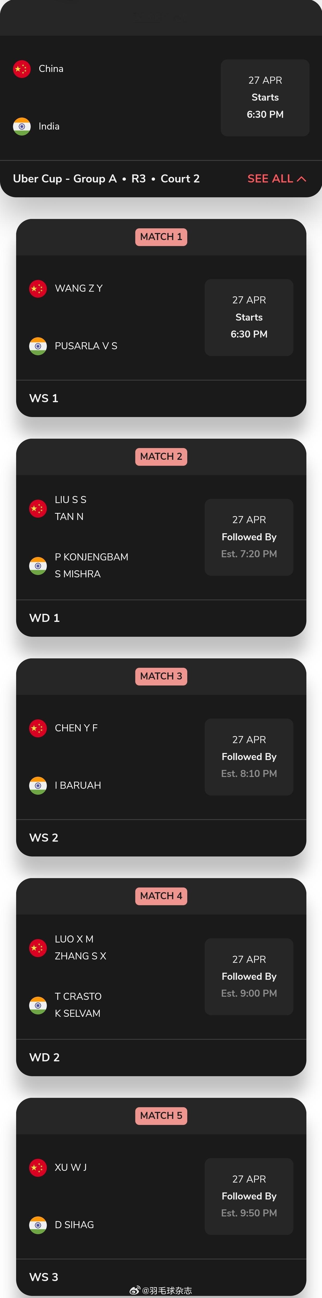 国羽尤杯对阵印度队——国羽二双变阵王祉怡一单对阵辛杜，刘圣书/谭宁任一双，陈雨菲