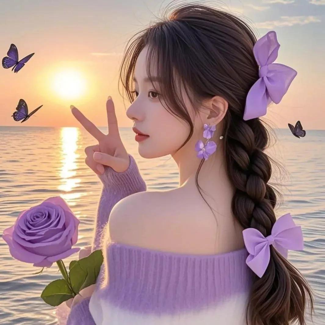 海边少女，紫色浪漫，蝴蝶相伴，温柔时光。海边花海少女 海边活力少女 海边度假少女