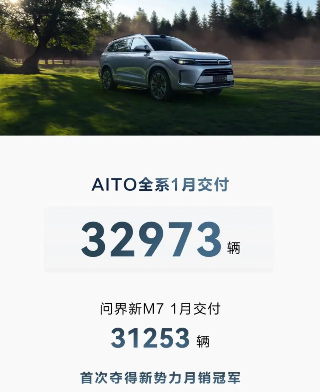 问界1月交付新车32973辆，其中问界新M7交付了31253辆新车，实在是太厉害