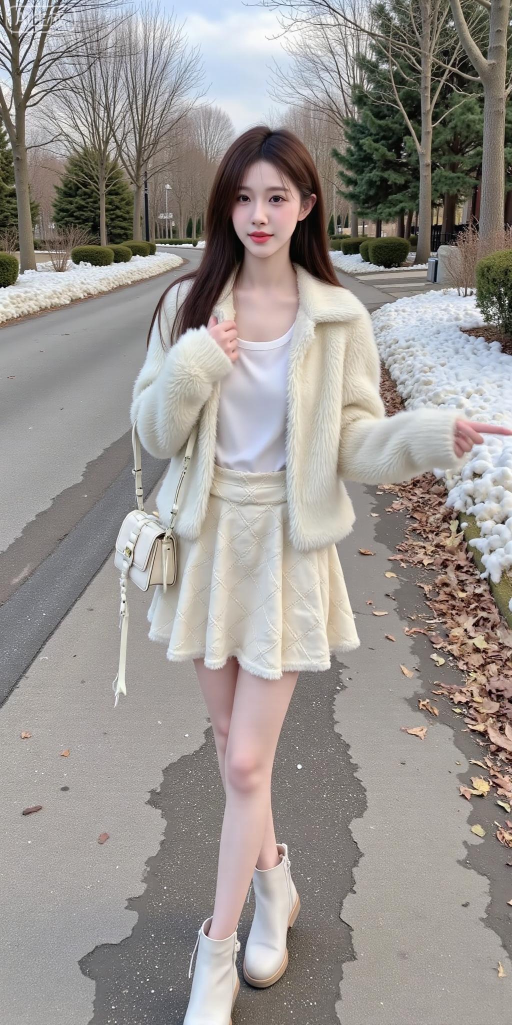 毛绒外套配白靴，落雪旁的温柔甜妹太戳毛绒外套女冬季