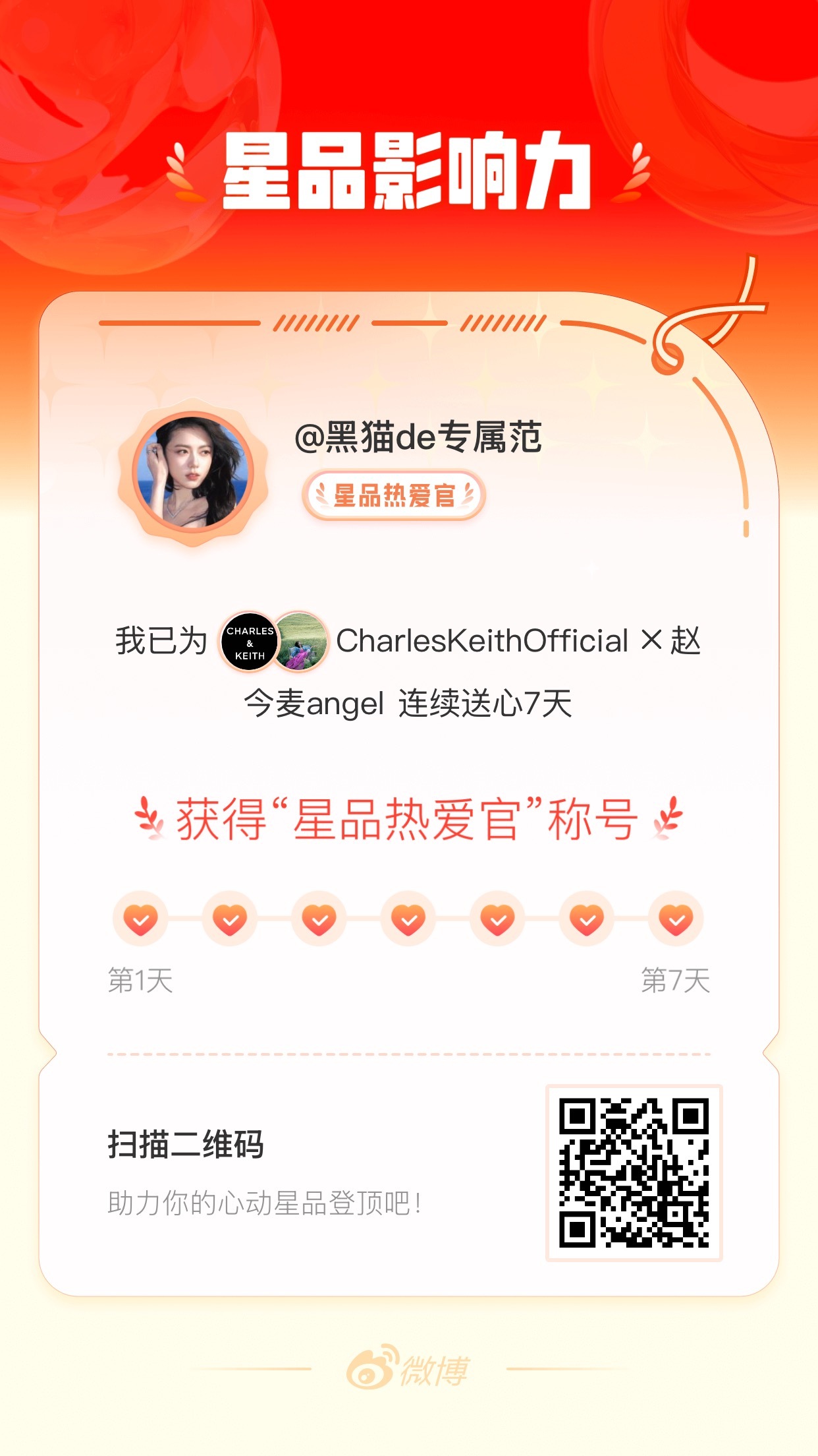 我在星品影响力上为 X 连续送心7天，获得“星品热爱官”称号！快来一起pick你