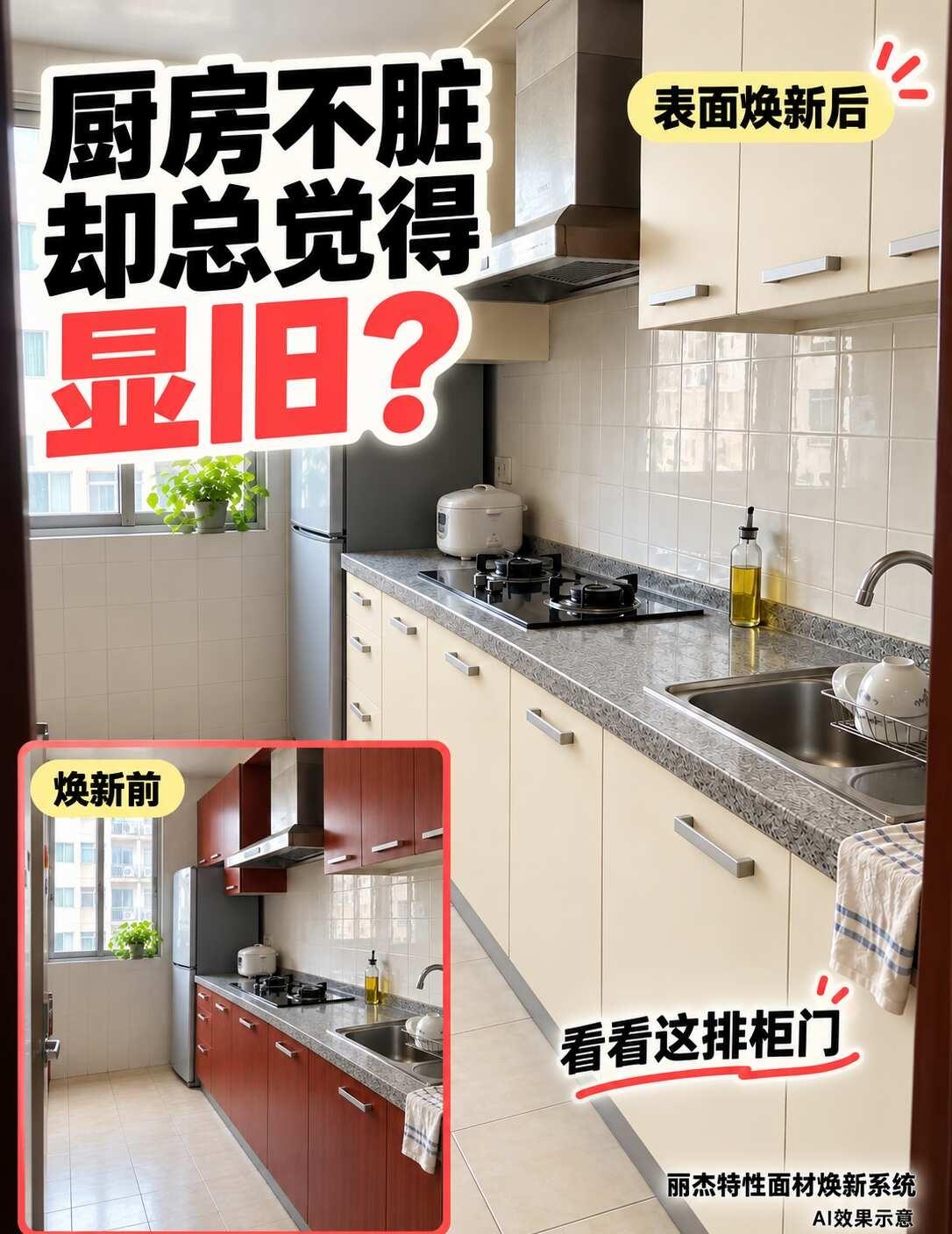厨房不脏，为什么总觉得显旧？
面擦了，瓶瓶罐罐也收好了。 站在门口看，还是那个熟