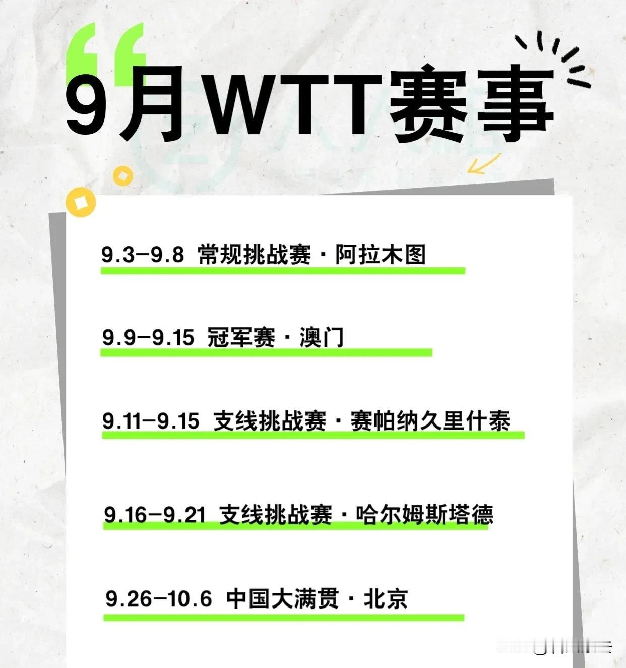 收藏:9月份WTT赛事

9月9日至15日，澳门将举办冠军赛，吸引全球顶尖乒乓球