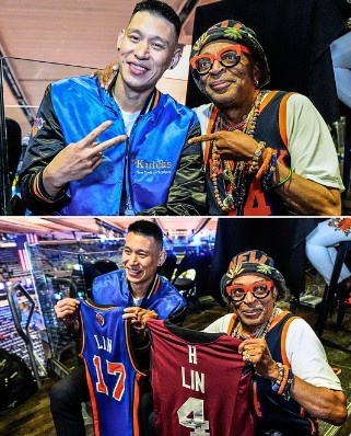 林书豪和斯派克·李合影并互赠球衣！马刺vs尼克斯nba总决赛