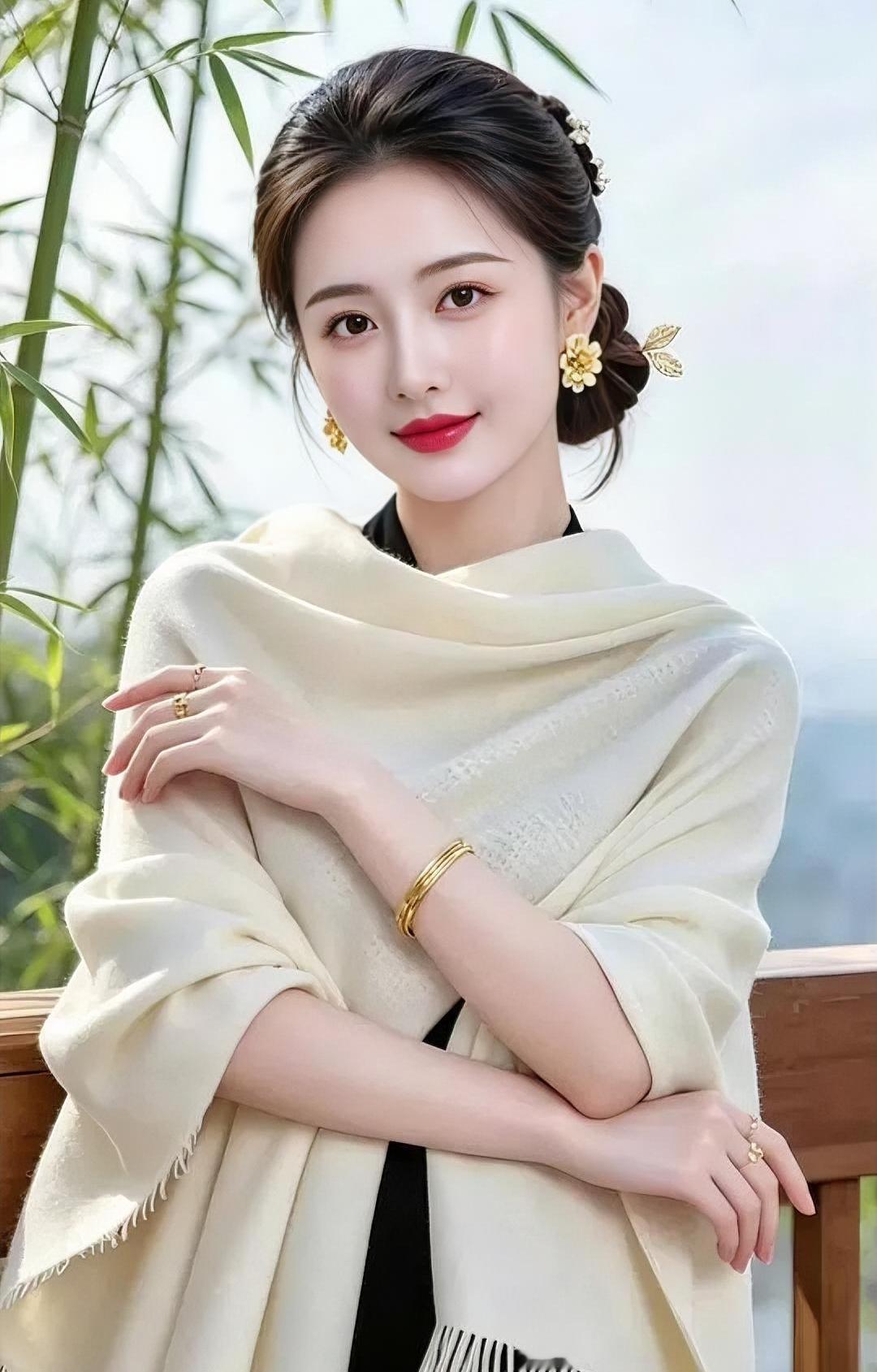 竹影摇碎晨光

你披着暖白，倚在木栏上

发间别着小花

金饰轻响，不张扬

笑