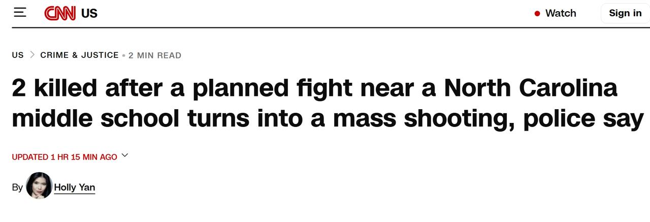 美国两名中学生约架，结果升级为大规模枪击案，造成2人死亡多人受伤
当地时间周一，