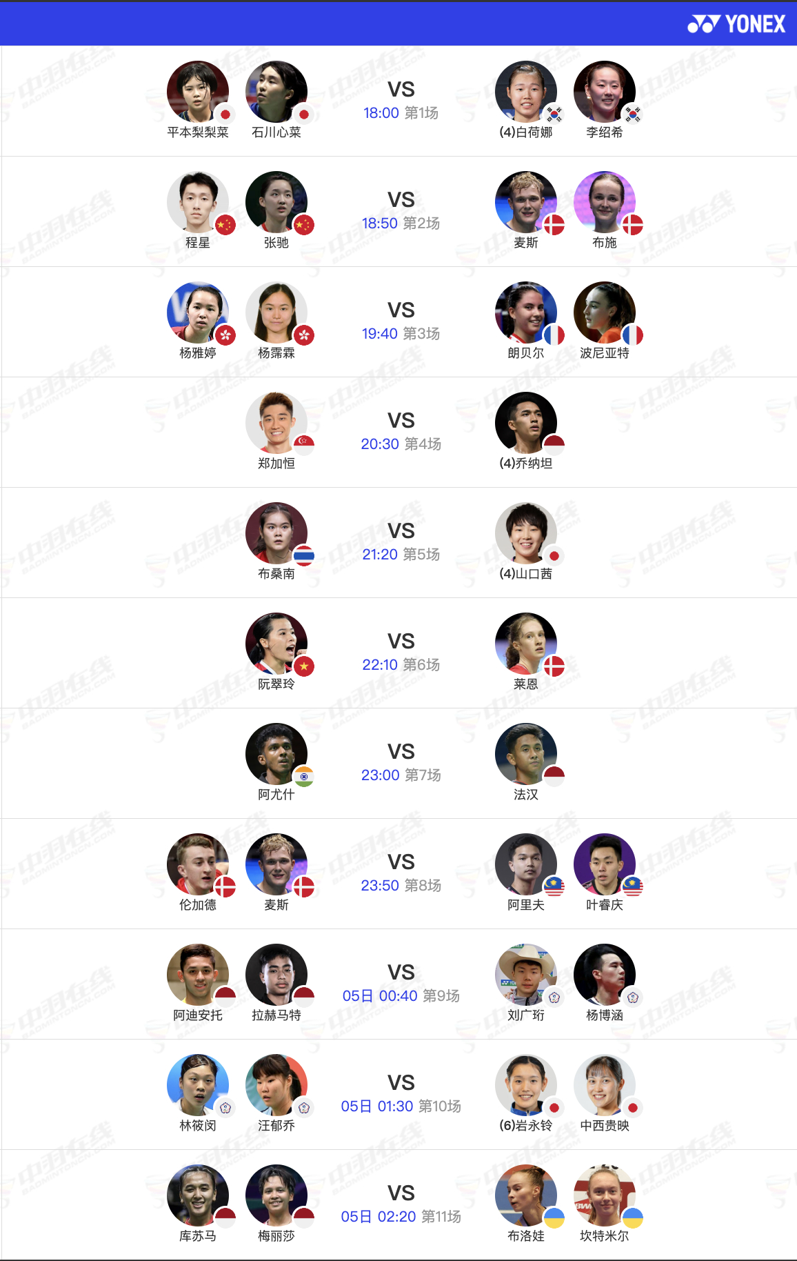 2026全英羽毛球公开赛 3月4日首轮第二日赛程，晚上18点开赛：【1号场地】3