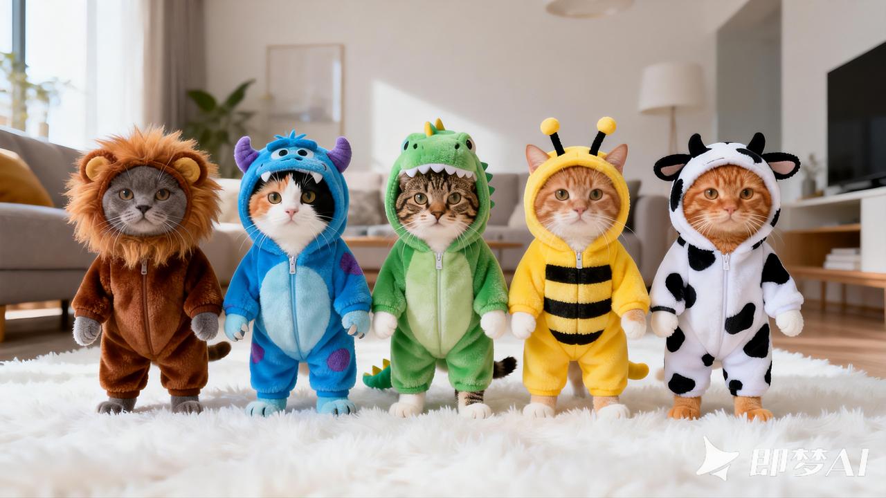 猫咪跳舞提示词：
一幅高质量的电影级广角画面，展现了五只不同品种的猫咪(英短、奶