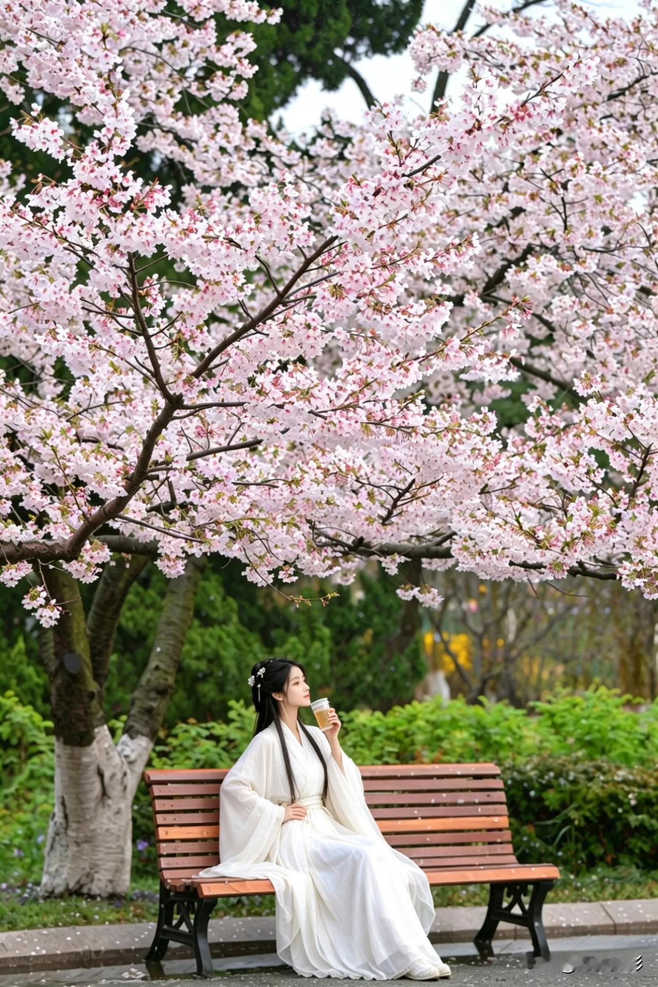 青岛中山公园的樱花盛开了，着汉服的小姐姐为公园锦上添花青岛春樱花