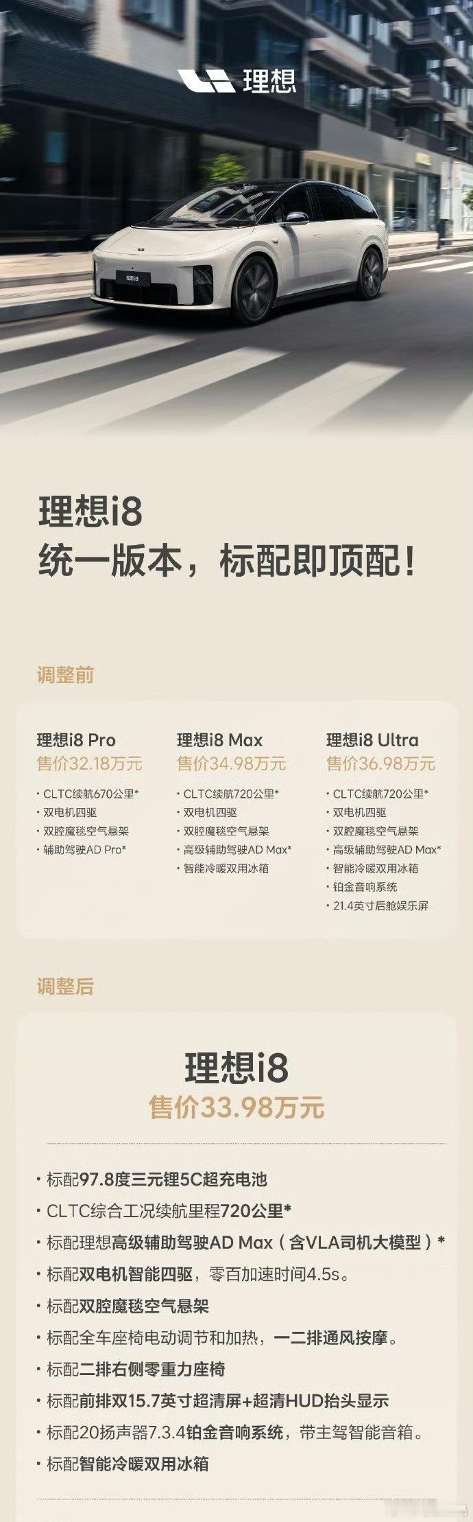 听劝！理想i8取消Pro、Max、Ultra的版本，直接改成一个版本，33.98