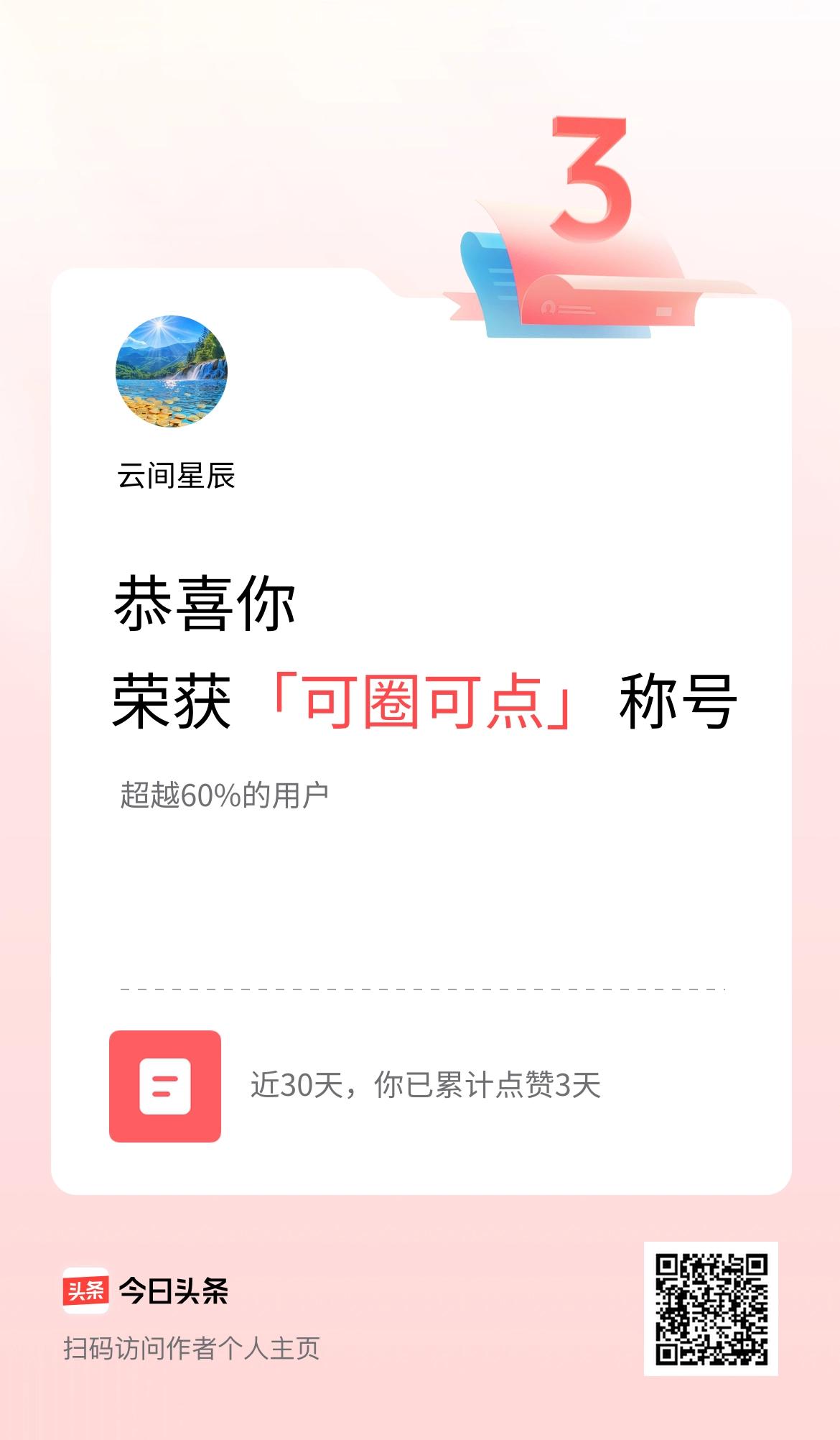我在头条30天内点赞打卡3天，获得“可圈可点”称号