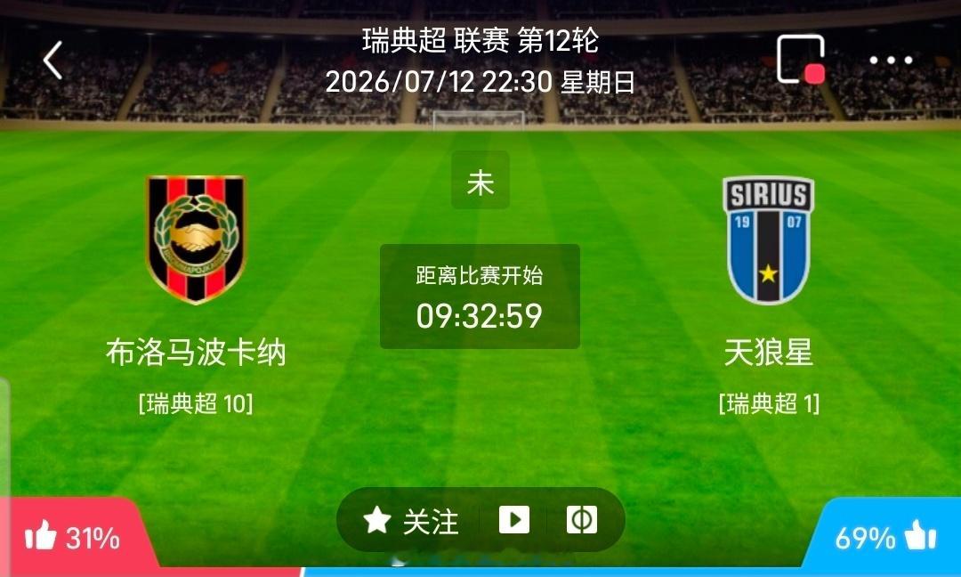 【足球】周日209瑞典超方向：布鲁马波vs天狼星瑞典超：布鲁马波VS天狼星时间：