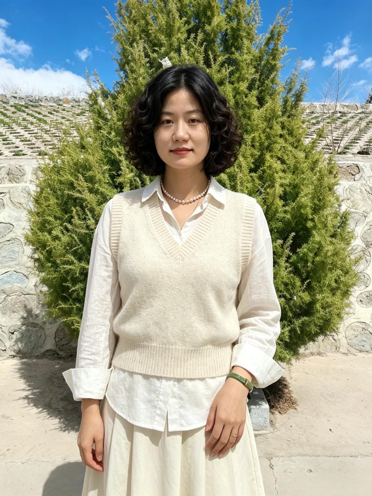 我穿着米白的针织，
像被春天轻轻裹住。
松影落在肩头，
卷发里藏着阳光的碎金。