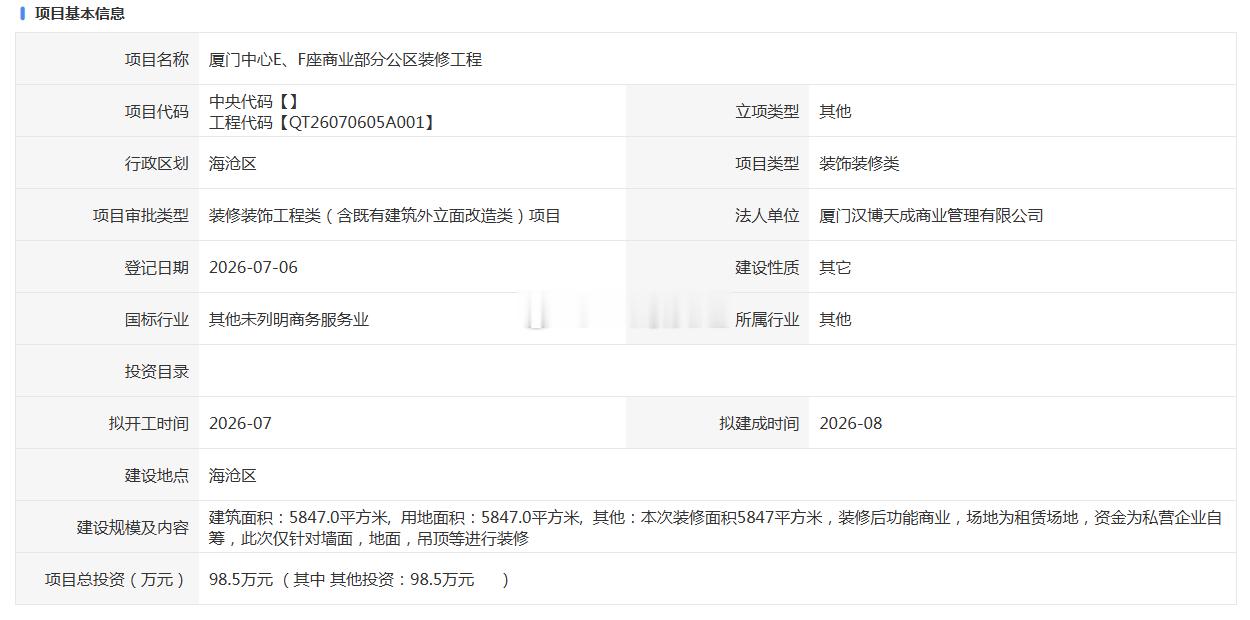 厦门中心E、F座商业部分公区装修工程，特别点明资金为私营企业自筹。 