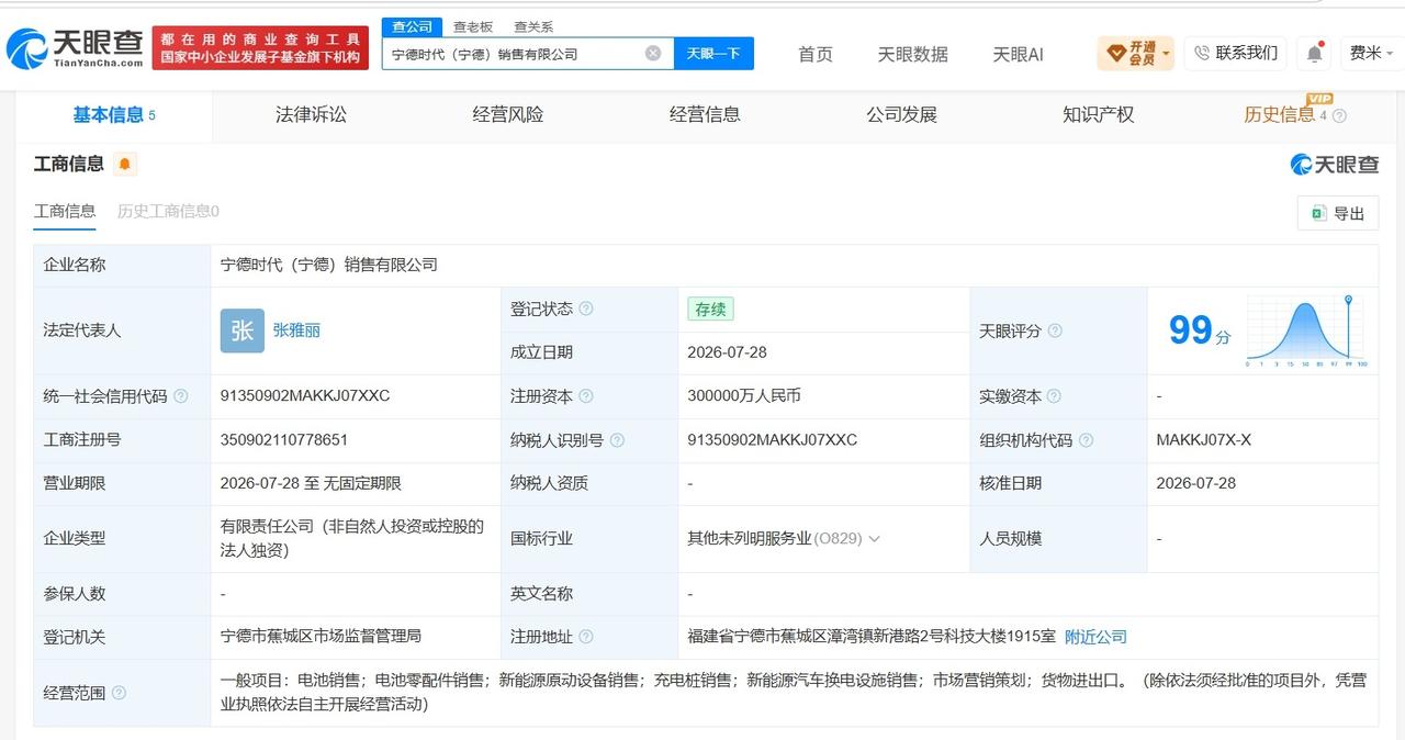 宁德时代在宁德成立新销售公司 注册资本30亿
天眼查App显示，近日，宁德时代（