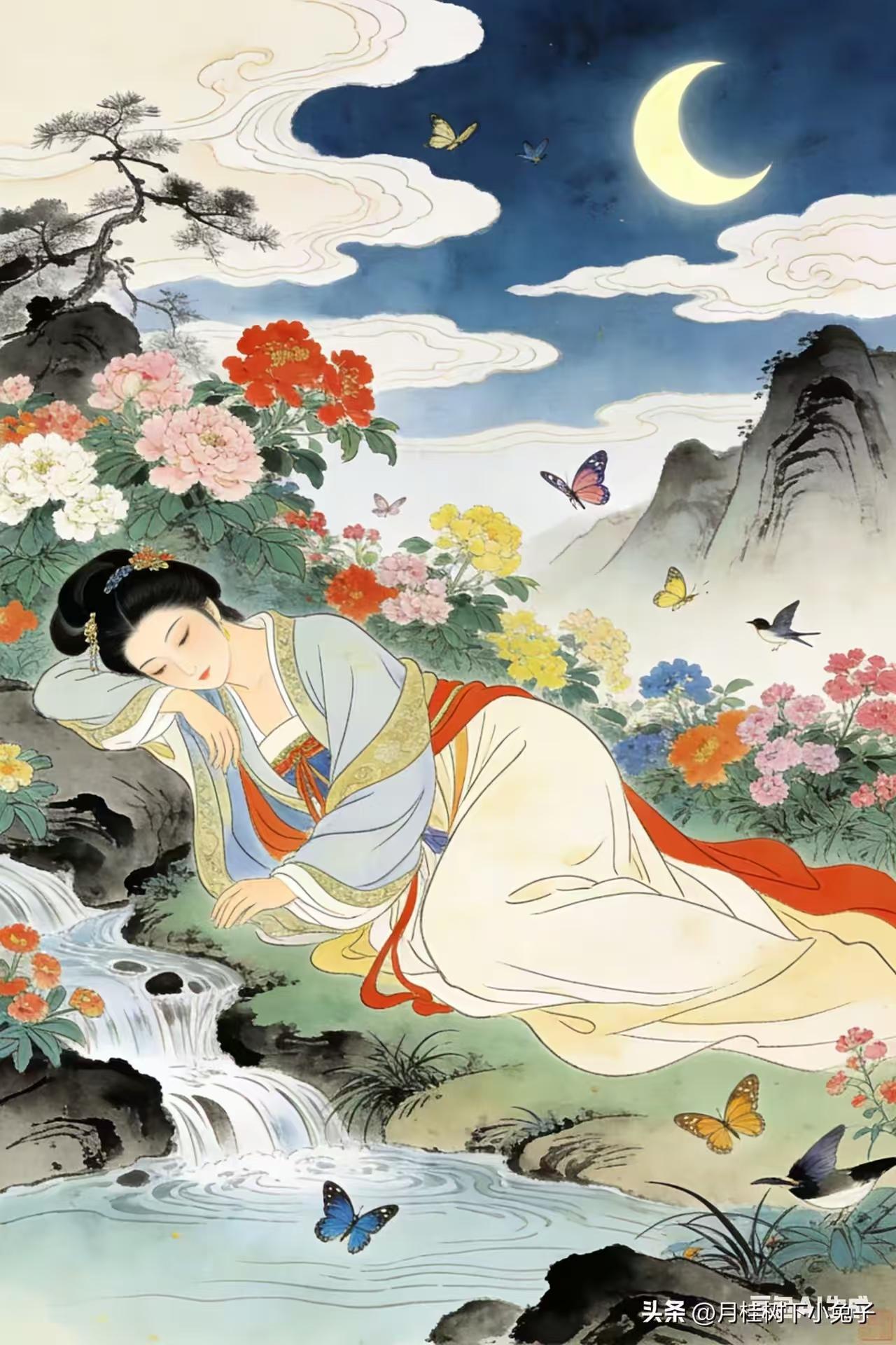 天净沙·醉吟
花阴枕水泉甜，
云弦初挂遥天。
蝶梦浮生尽遣。
落英飘卷，
太虚幽