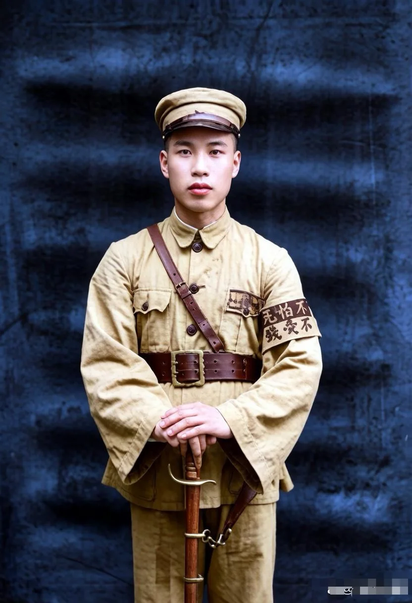民国时期的一名中国军人的肖像照，手拄军刀，袖章上印着“不怕死、不爱钱”...