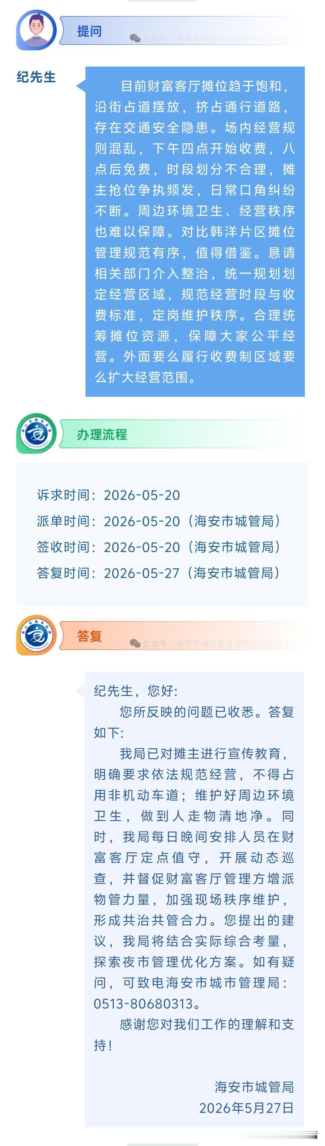 海安网友反映:  目前财富客厅摊位趋于饱和，沿街占道摆放，挤占通行道路，存在交通