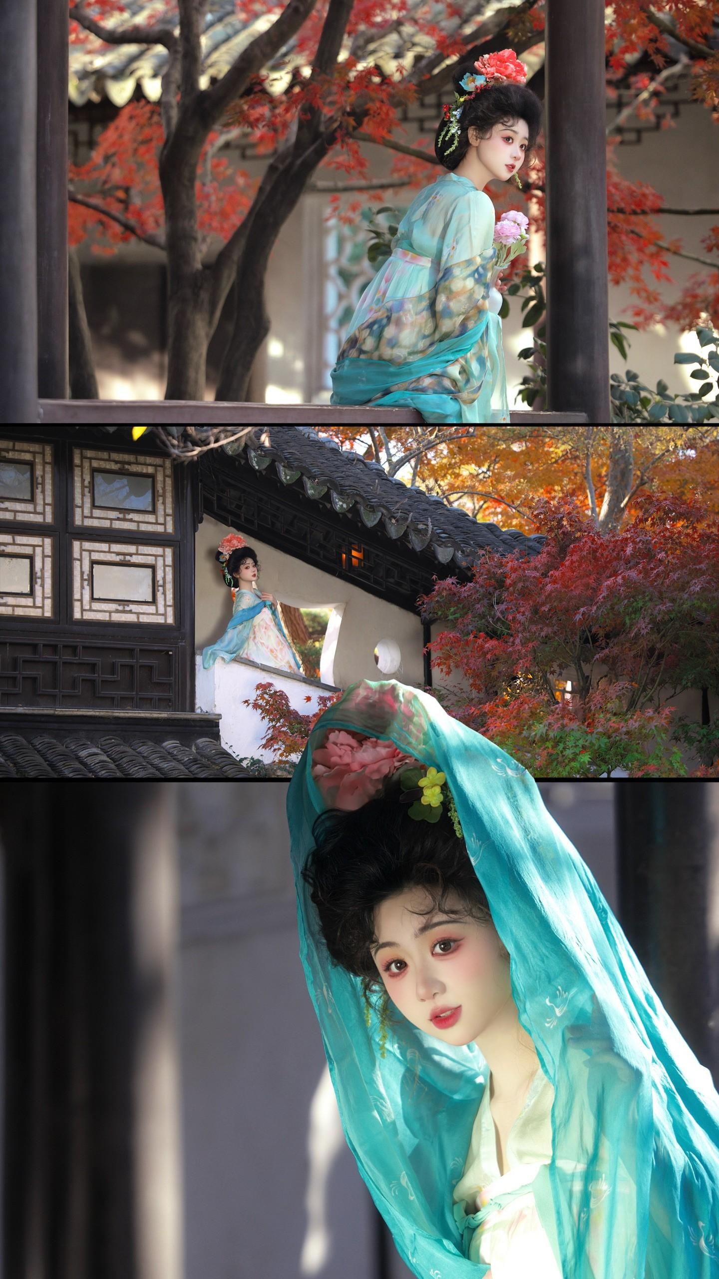 “我们小公主也喜欢秋色呀”。拍到了红叶的苏州园林。 假如这是唐朝小公主...