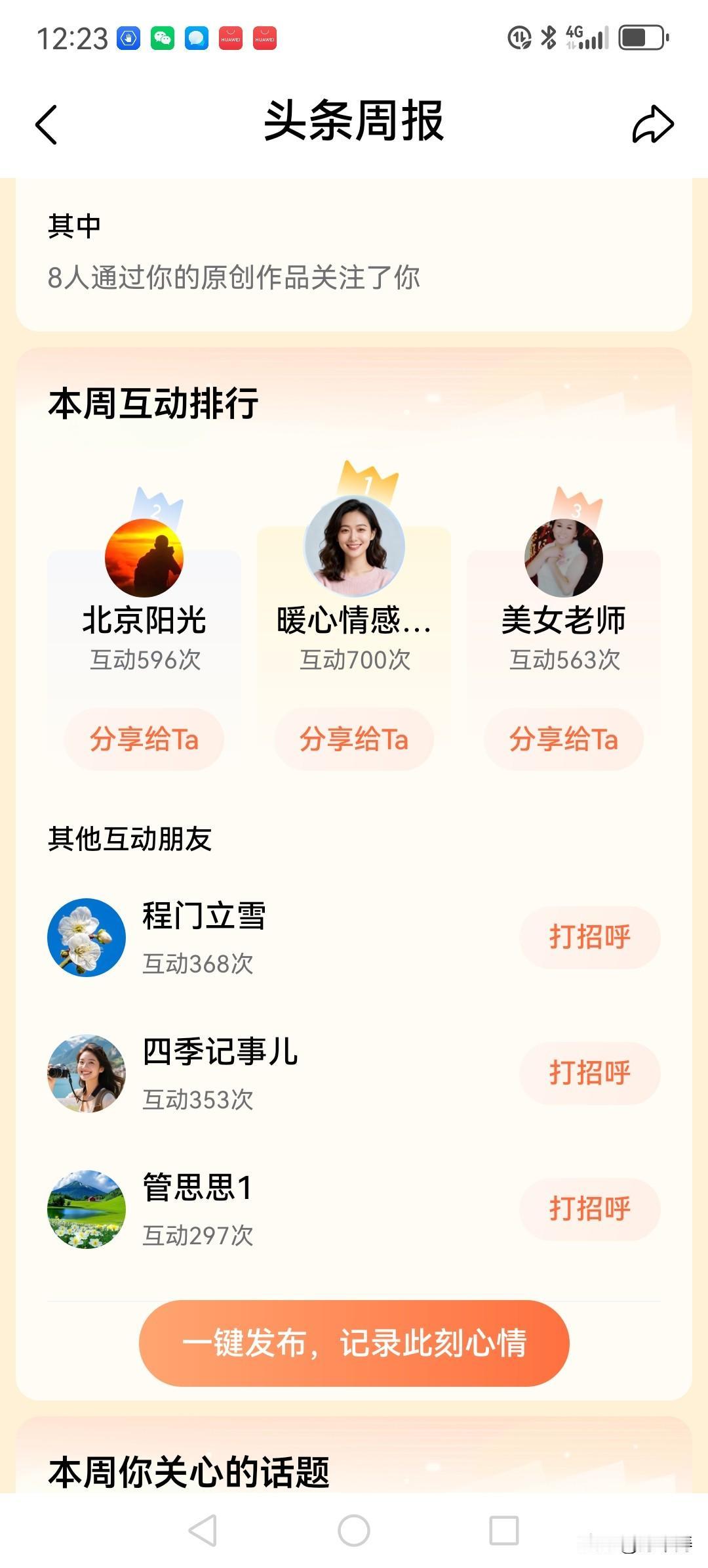 这周头条周报来了，还挺好奇谁是我的互动达人呢。话说孙中涛，1970年出生，在山东