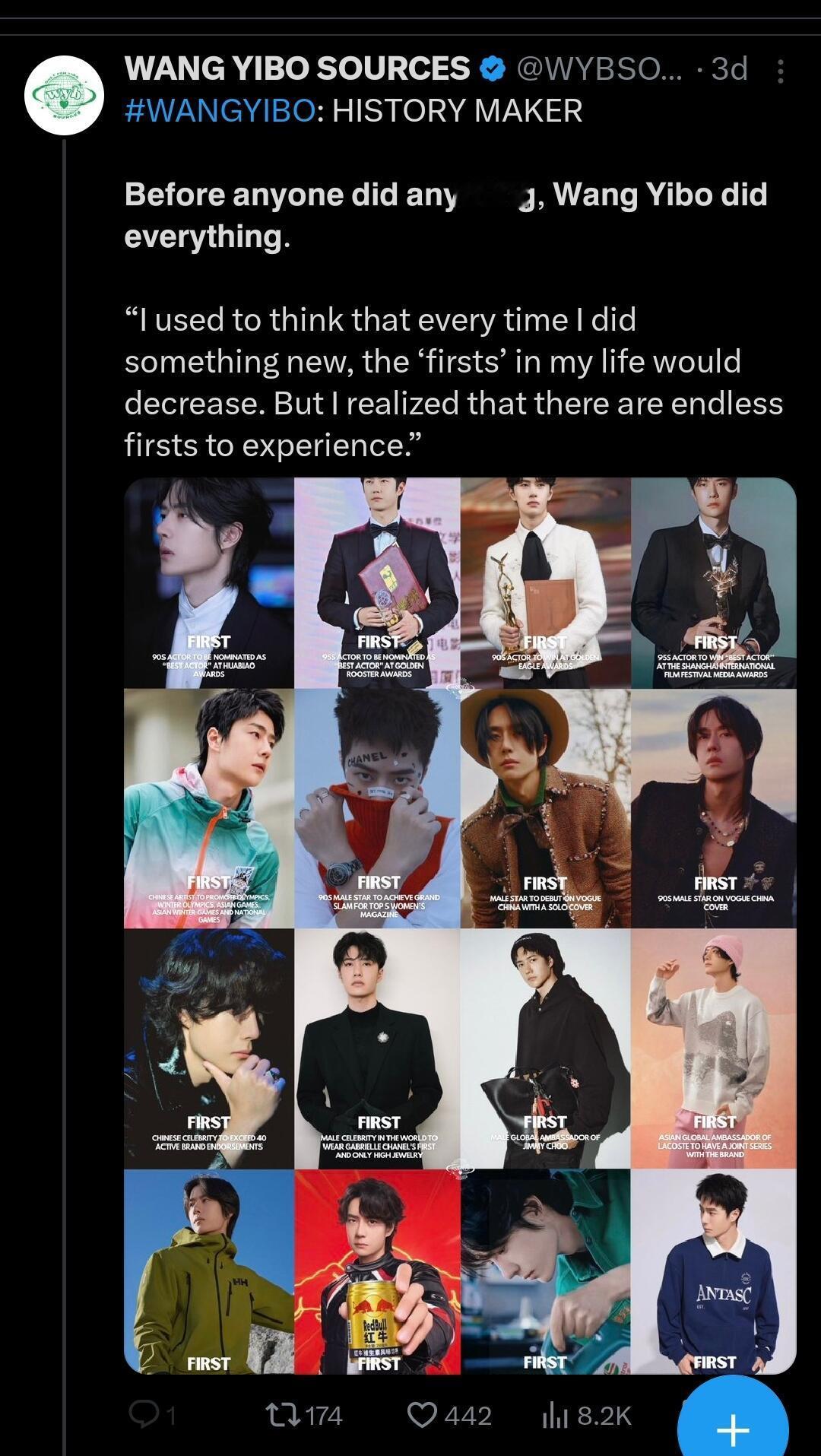 海外粉丝总结的王一博首位实绩图：王一博：创造历史的人在所有人行动之前，王一博已经