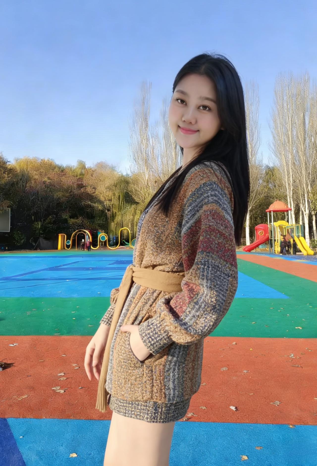 镜头捕捉的这一刻，是日常里的闪光
游乐场的背景褪去喧嚣，只剩色彩的交响
她的姿态