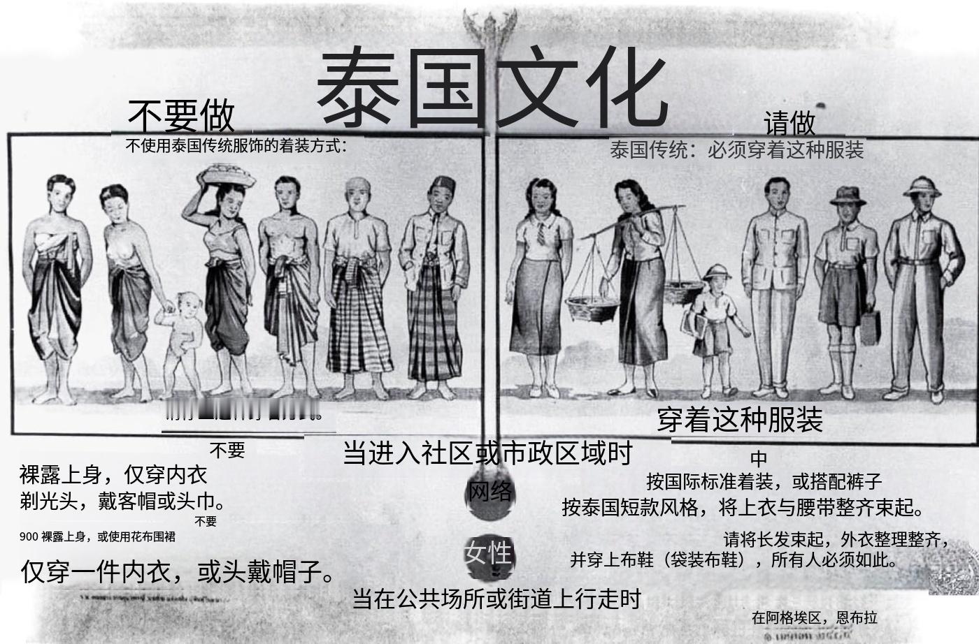 这是1940年左右的泰国新生活运动着装指导，可见当时泰国农村还有很多妇女是不穿上