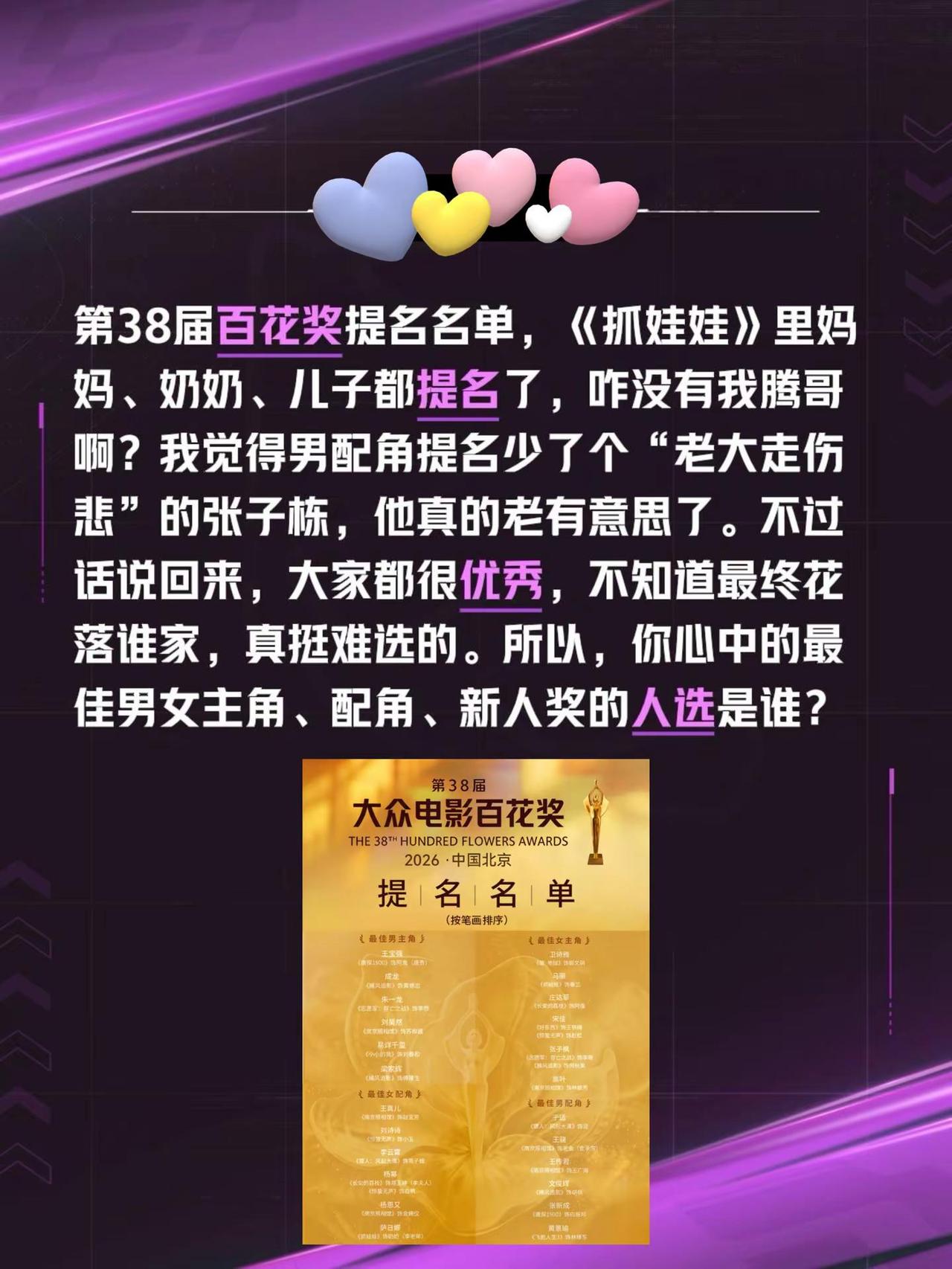 百花奖提名名单出炉，你心中的人选是谁？第38届百花奖提名名单，《抓娃娃》里妈妈、