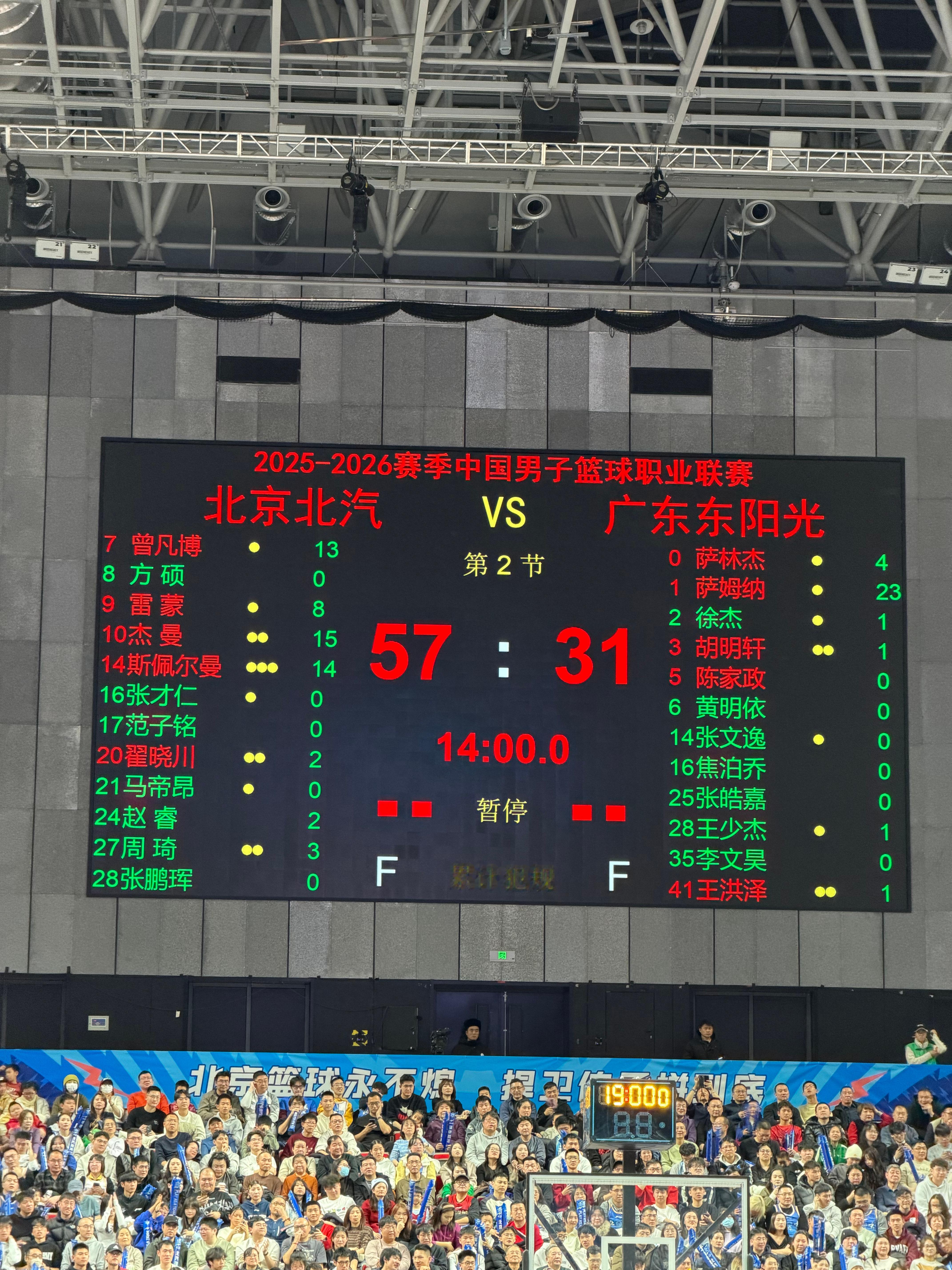 北京半场领先广东26分。广东31分里除了萨姆纳23，萨林杰进了一个压哨，国内球员