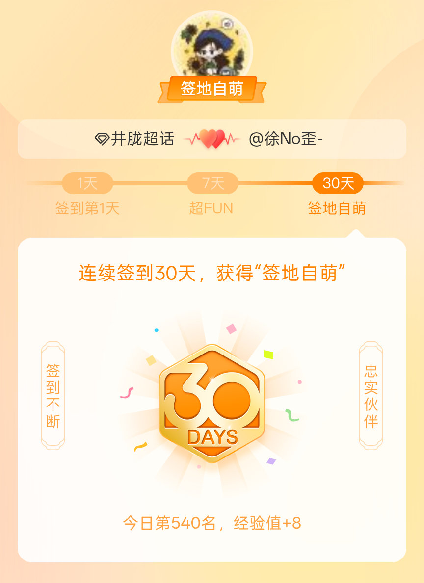井胧我在井胧连续签到30天，获得了“签地自萌”头衔，发帖纪念