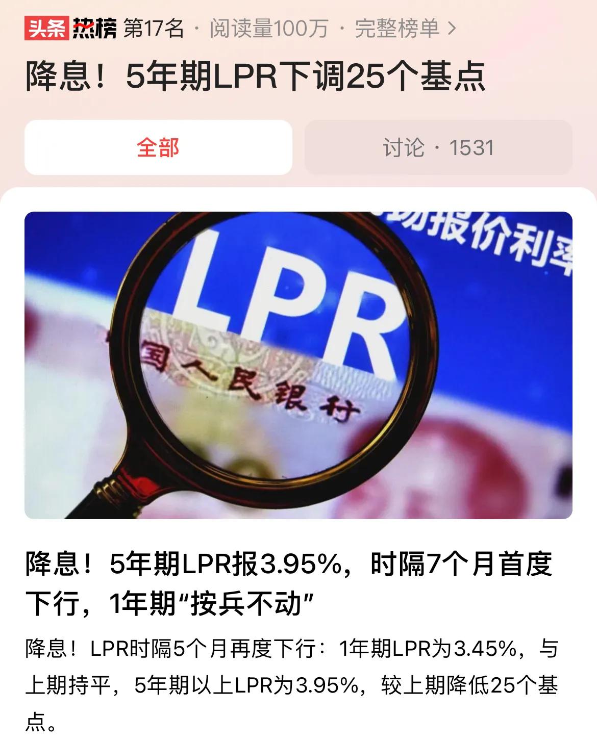 #降息！5年期LPR下调25个基点#存量房贷影响有限，因为在实际操作中，更需要观