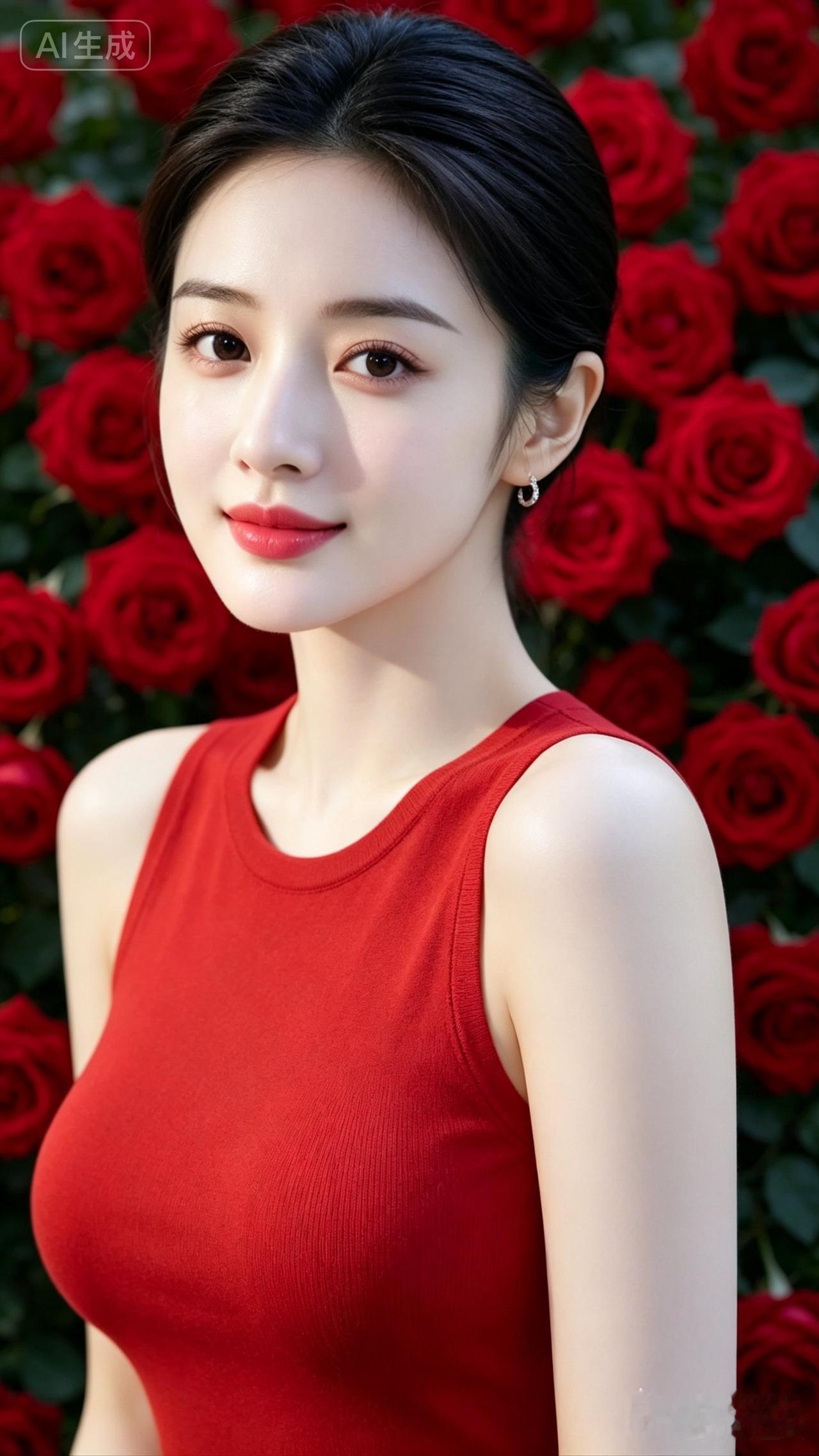 红玫瑰与红衣少女，甜美与优雅的完美结合！🌹💄