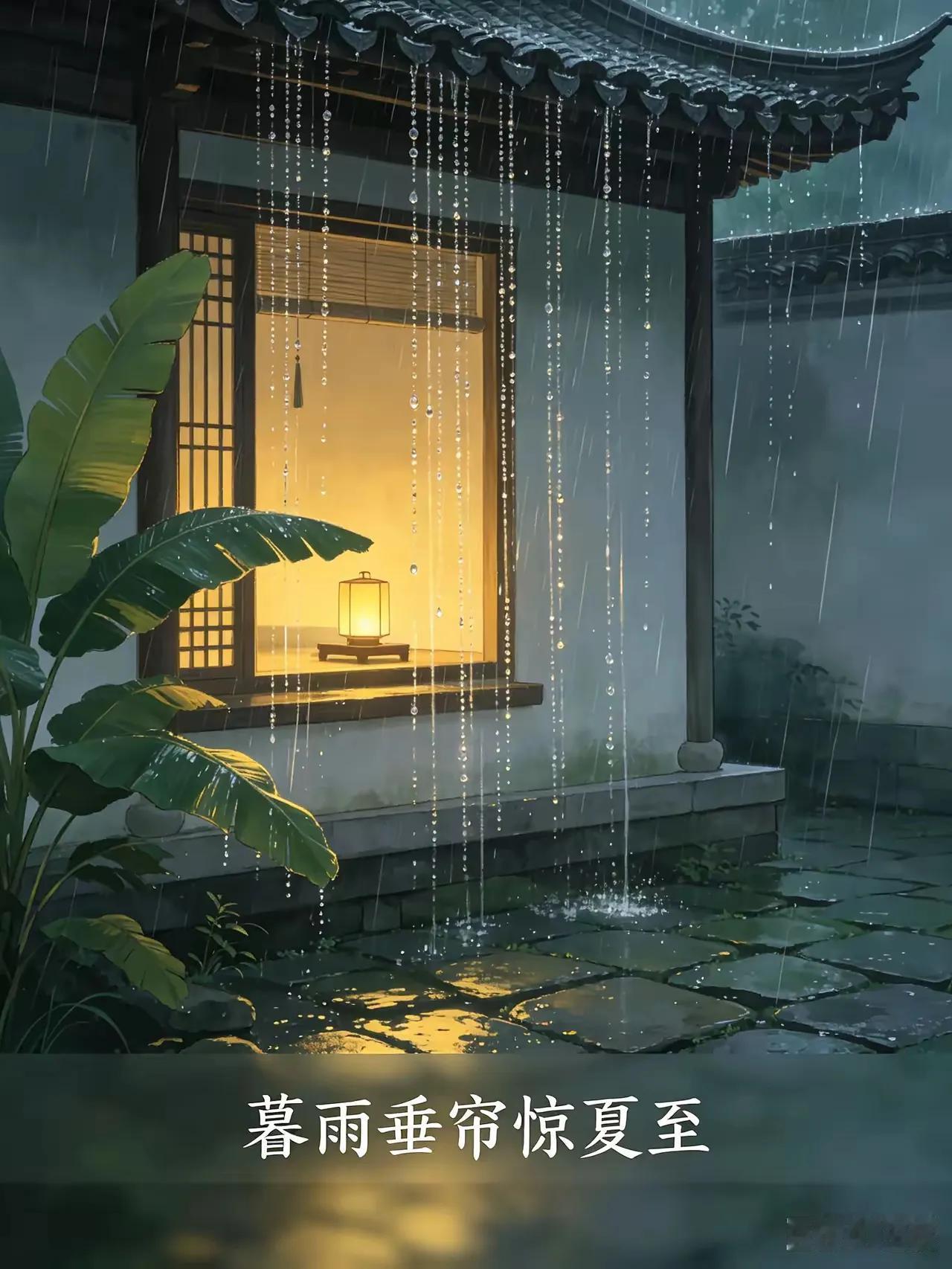暮雨垂帘惊夏至，
微风扑面告秋来。
横批：《夏至与秋来》