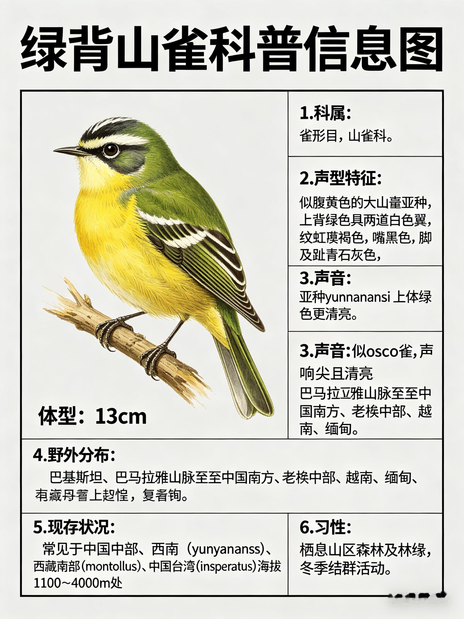 鸟类朋友图鉴 绿背山雀·科属：雀形目，山雀科。·外形特征：体型略大（13cm）的
