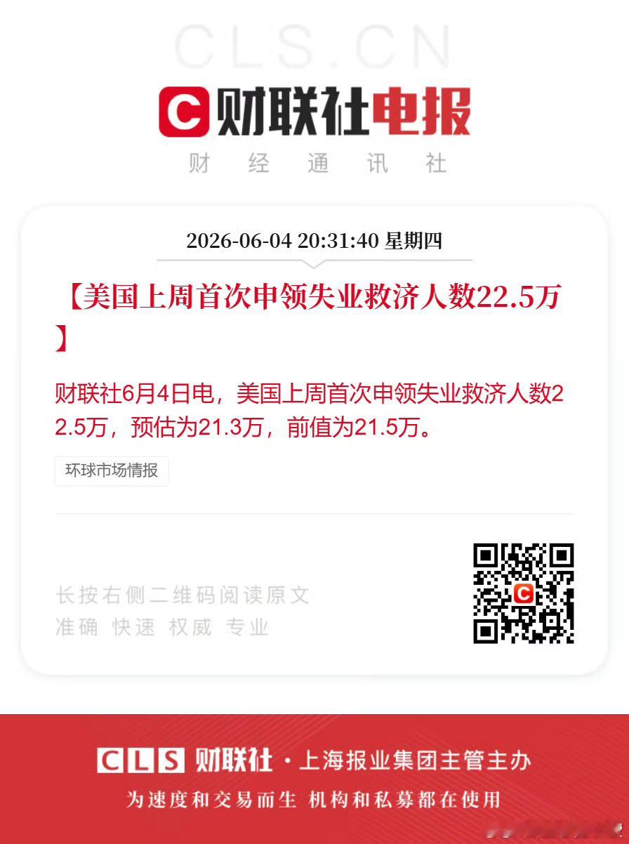 美国上周首次申领失业救济人数22.5万，预估为21.3万，前值为21.5万。昨天