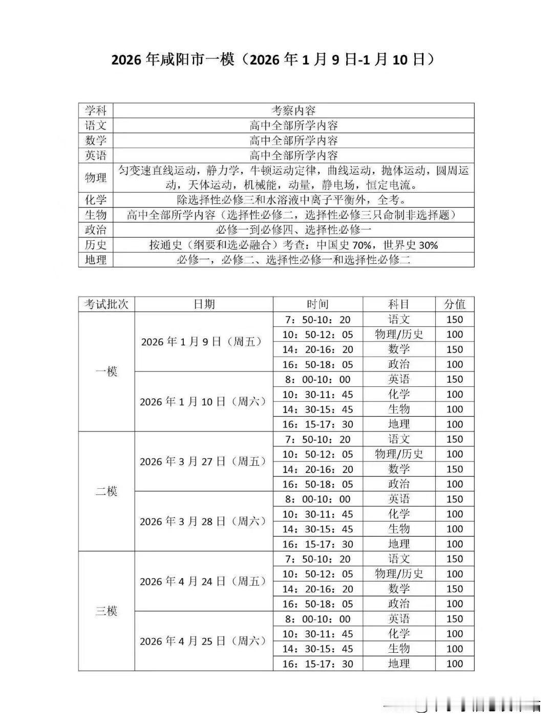 2026咸阳市高考模拟考试时间安排