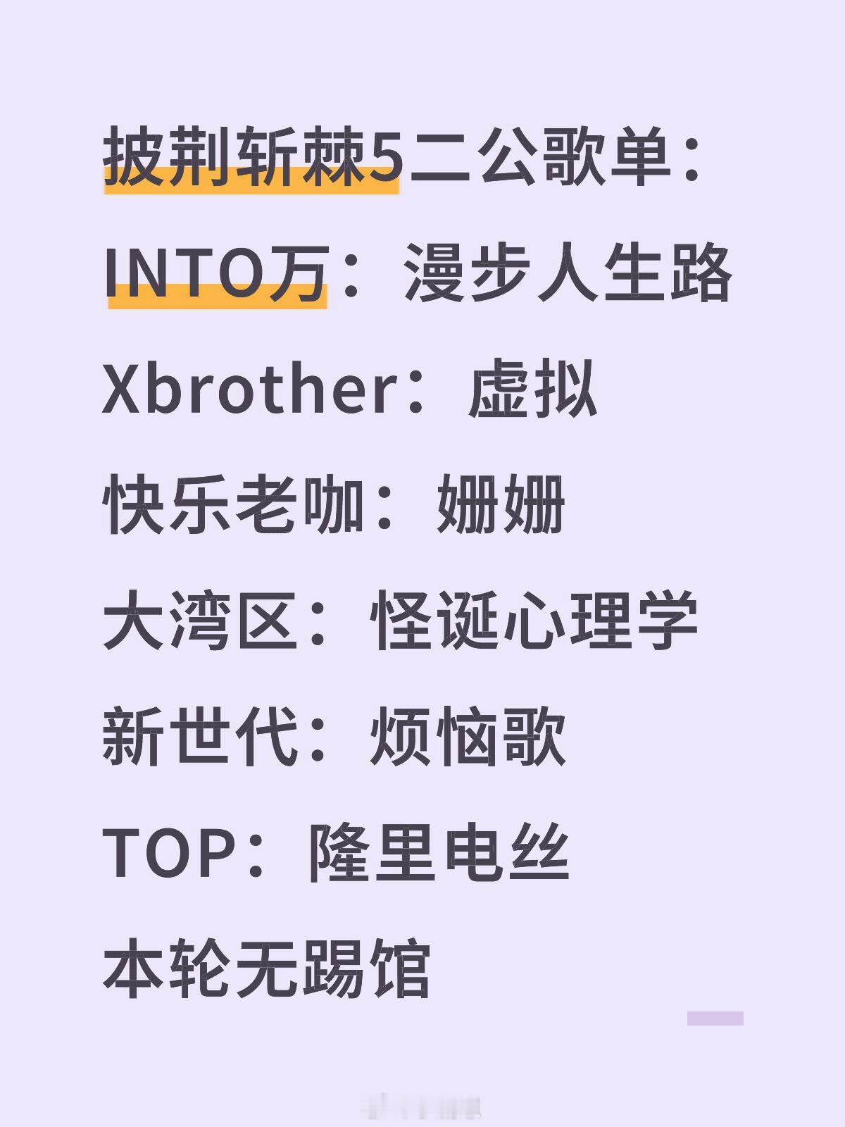 披荆斩棘[超话]披荆斩棘5二公歌单：INTO万：漫步人生路Xbrother：虚拟
