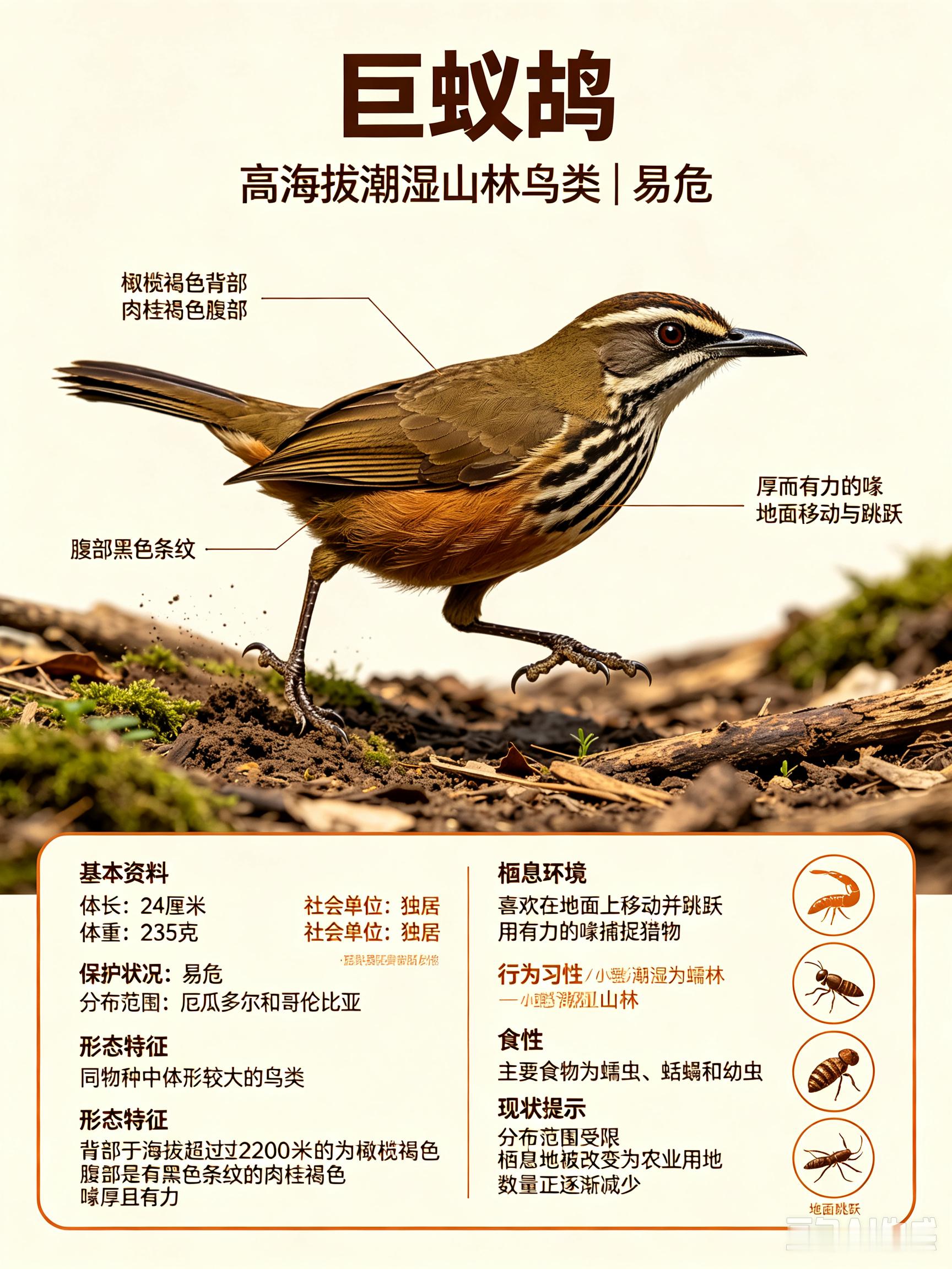 鸟类朋友图鉴 巨蚁鸫体长：24 厘米体重：235 克社会单位：独居保护状况：易危