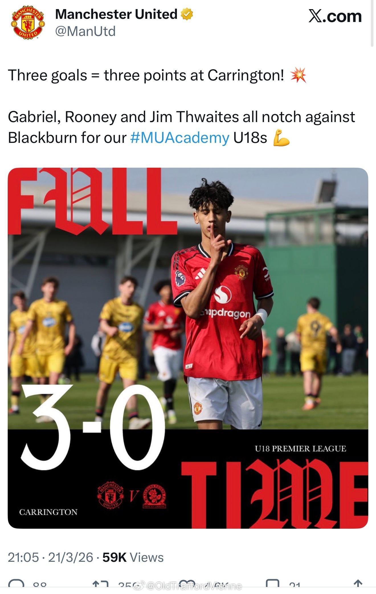 恭喜曼联U18，3-0布莱克本凯爷和JJ都进球了 