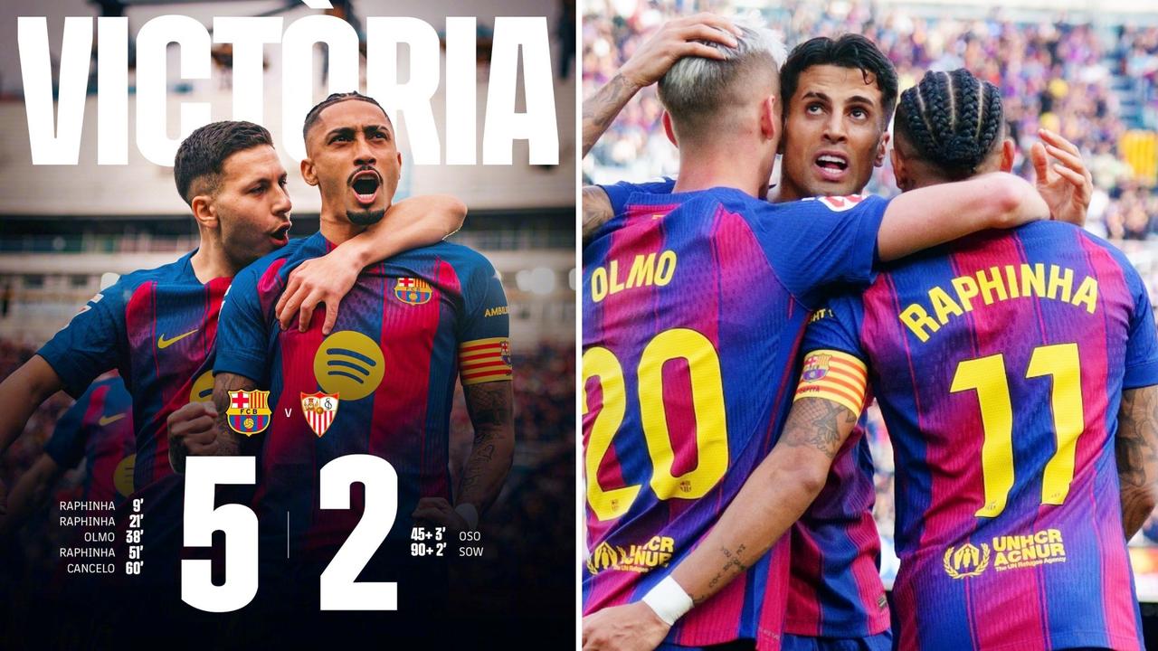 西甲：巴萨主场5-2击败塞维利亚，4连胜继续领跑。
拉菲尼亚戴帽，坎塞洛回归首球