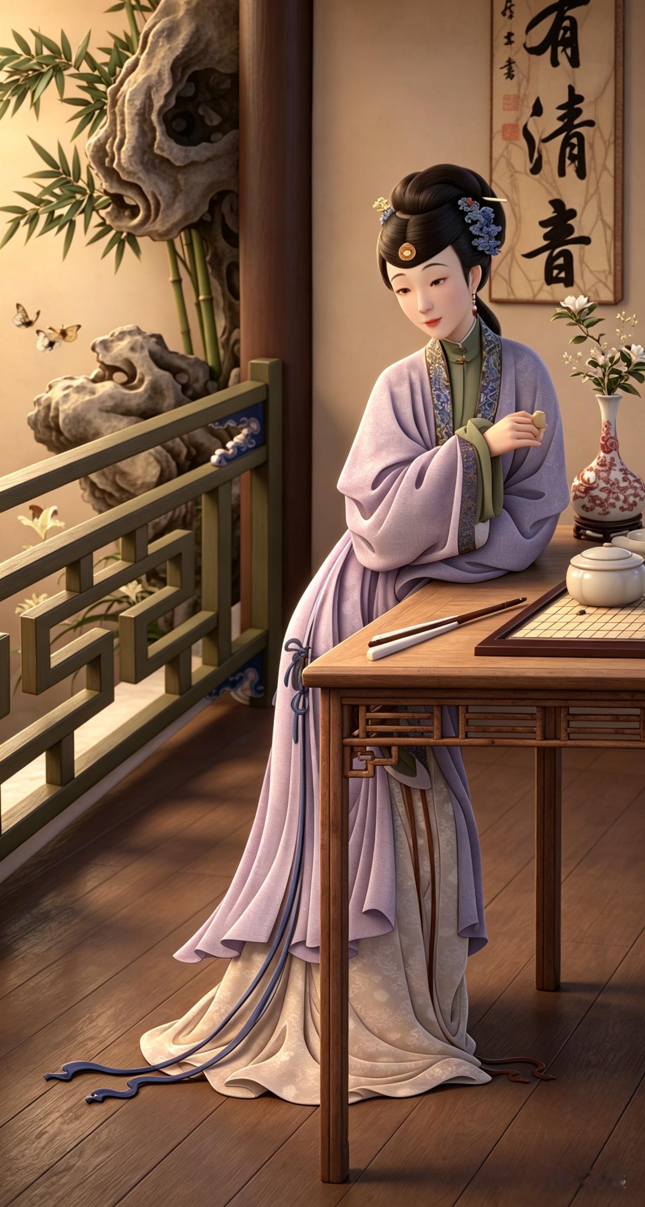 雍正十二美人图9（AI复原图）

十二美人之倚榻观局，不写闺怨，只写清趣。
淡紫