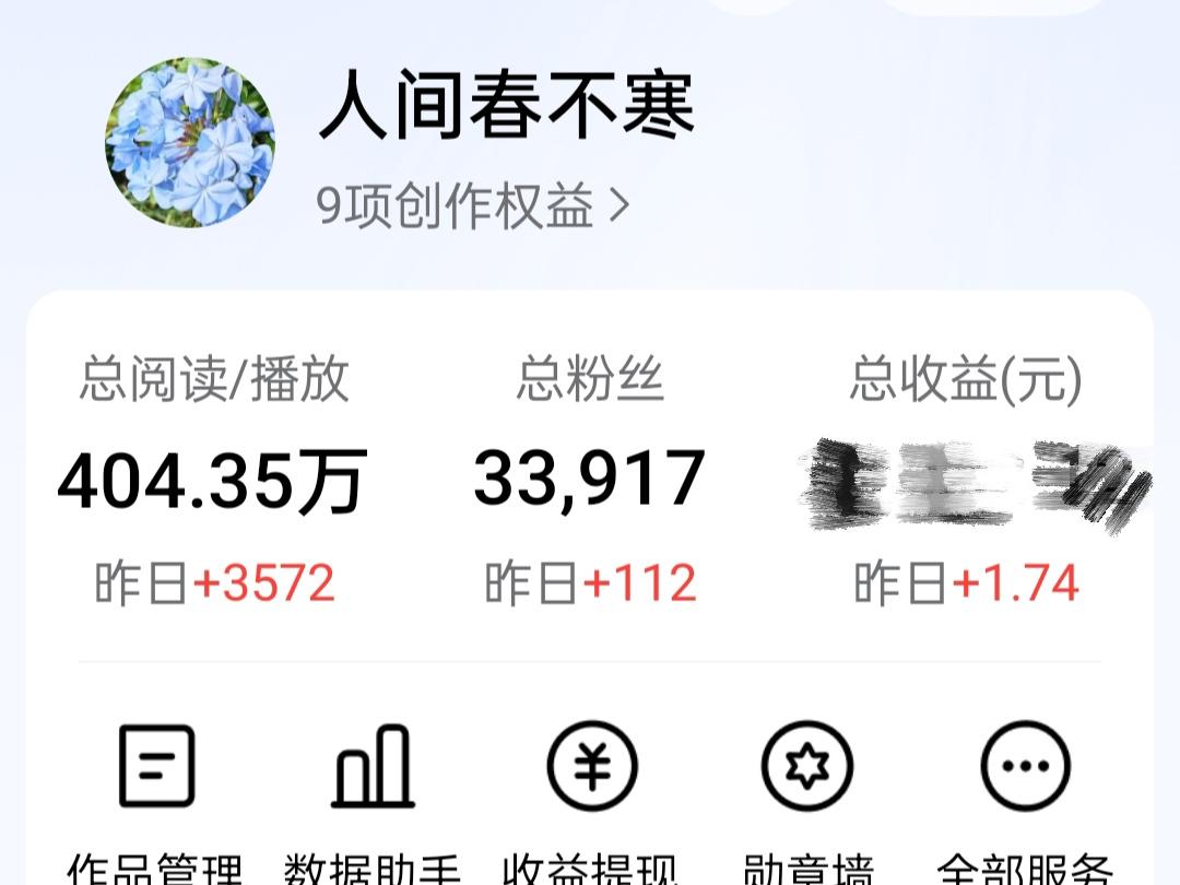 今日头条创作收益1.74元，作品总阅读量3512，新增粉丝112位，千次阅读单价