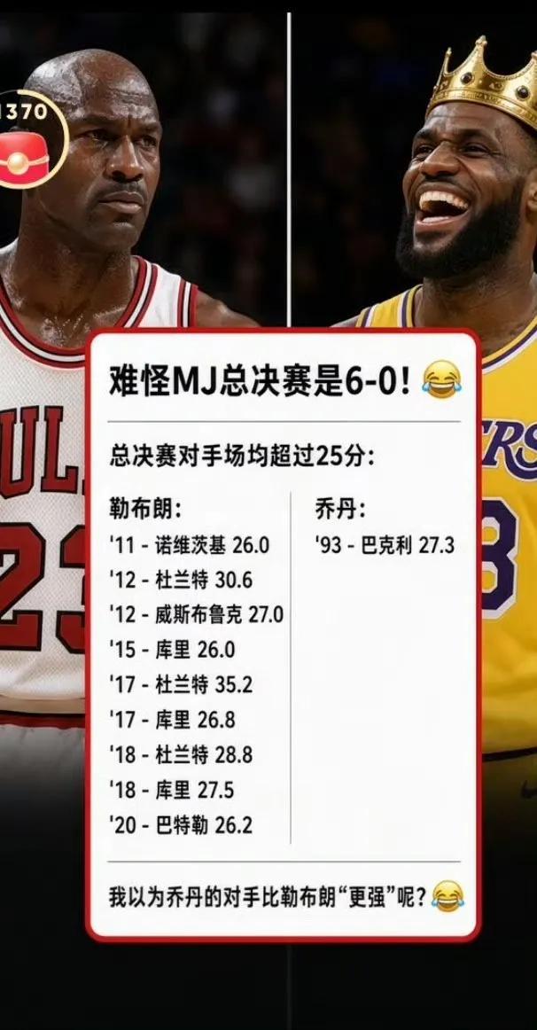 事实证明詹姆斯一生遇到的都是强敌。

而乔丹那个年代高手很少。

假设詹姆斯明年
