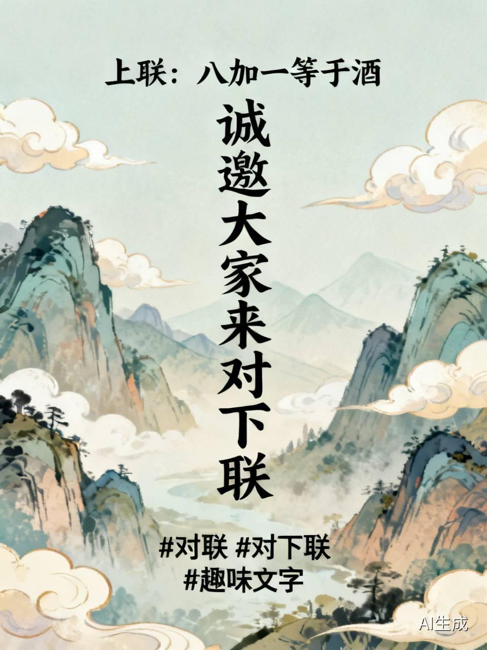 标题：上联：八加一等于酒，诚邀大家来对下联
看到这个有趣的上联：八加一等于酒。