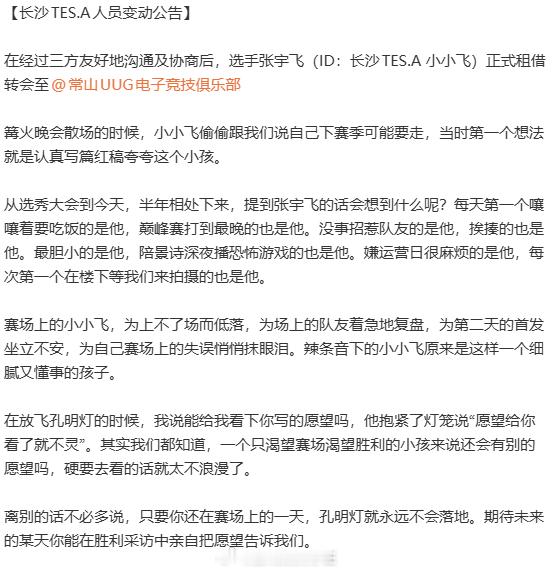 TES转会公告2026KPL夏季转会期TES发布人员变动公告小小飞正式租借转会至